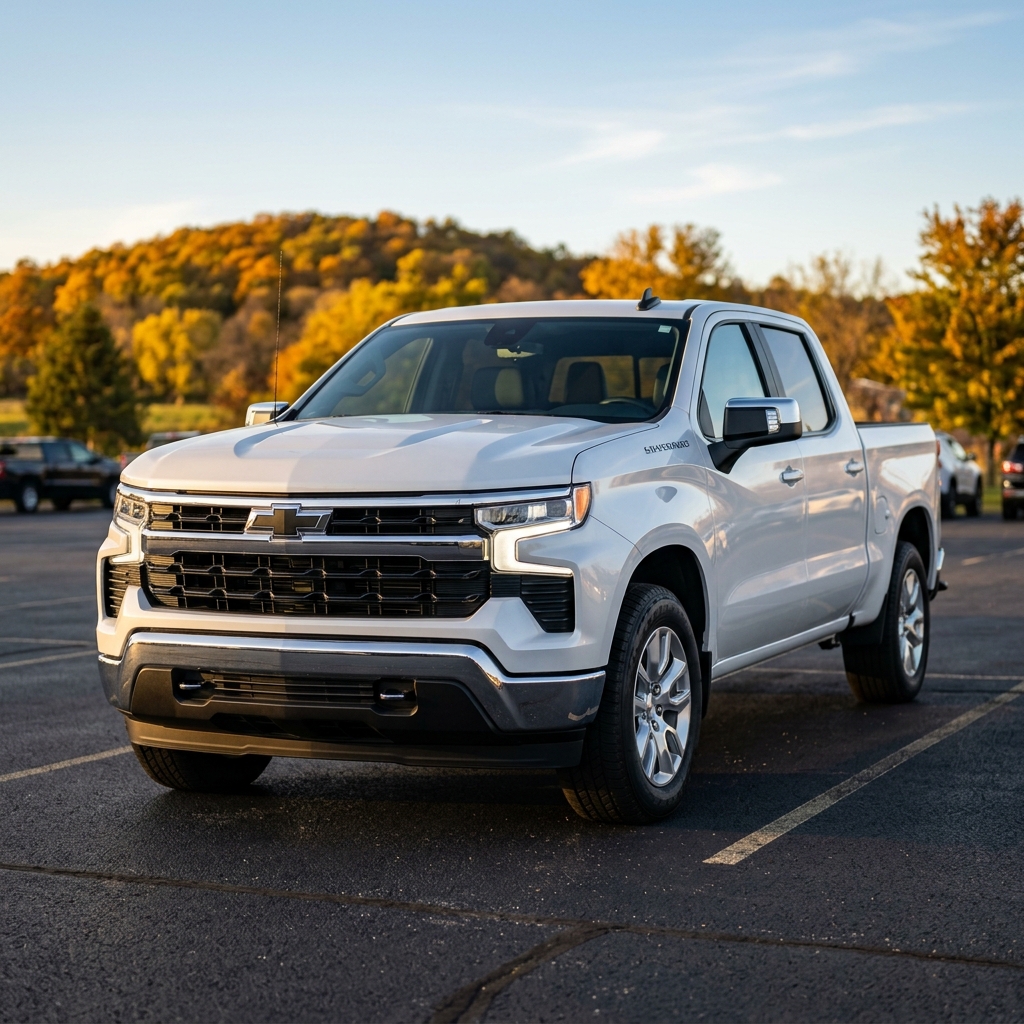 White Chevrolet Silverado pickup truck parked in an asphalt lot with autumn trees on a hill in the background. (Representative image for illustration purposes only. Actual vehicle may vary based on trim and configuration.)