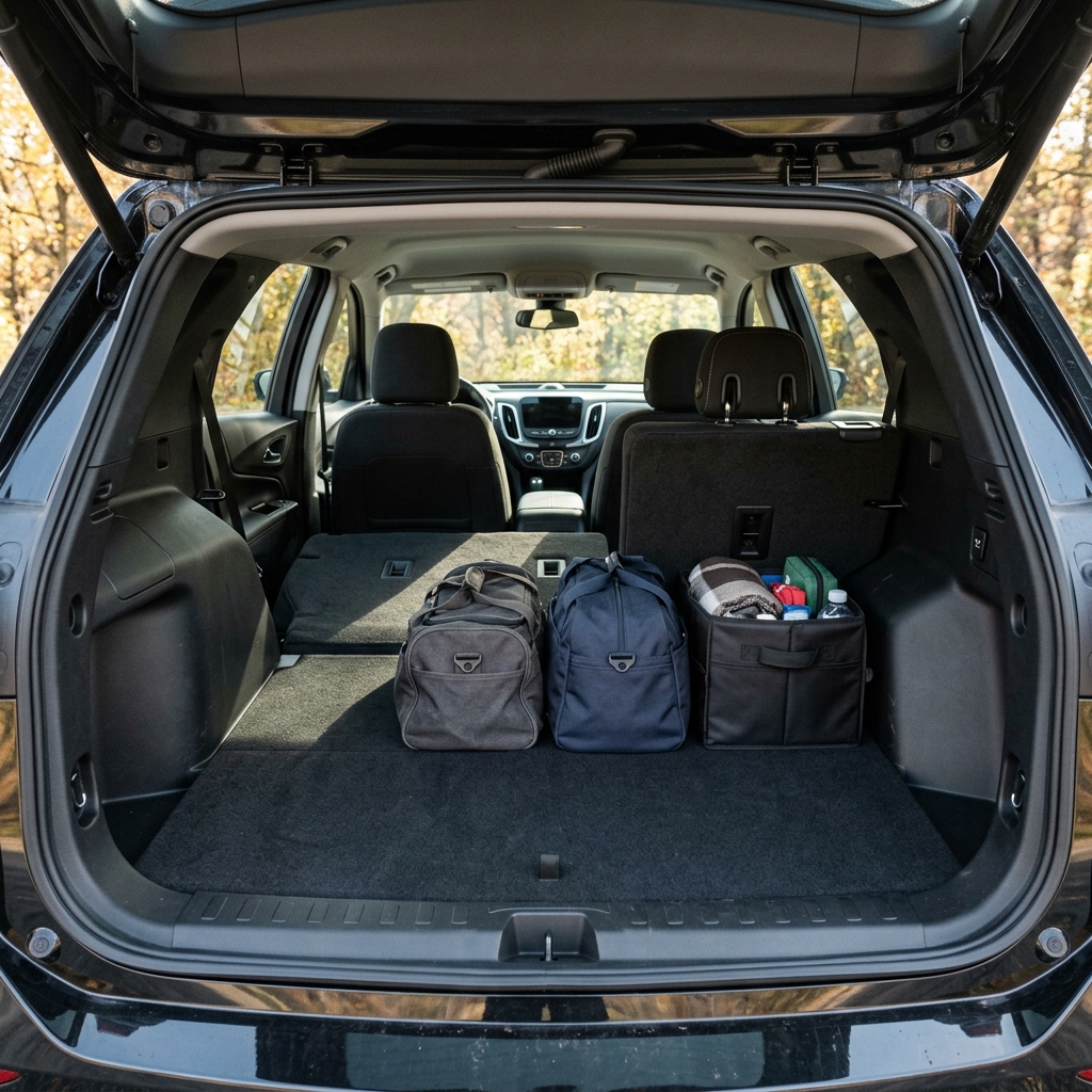 Open trunk of a black SUV packed with two duffel bags and a black storage bin filled with supplies. (Representative image for illustration purposes only. Actual vehicle may vary based on trim and configuration.)