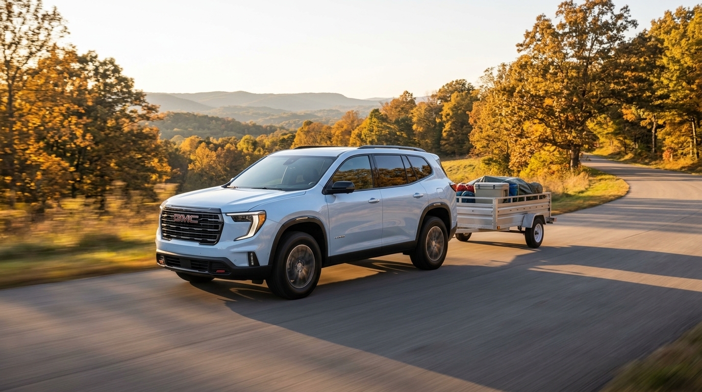 A light blue GMC SUV towing a loaded utility trailer along a scenic road surrounded by fall foliage. (Representative image for illustration purposes only. Actual vehicle may vary based on trim and configuration.)