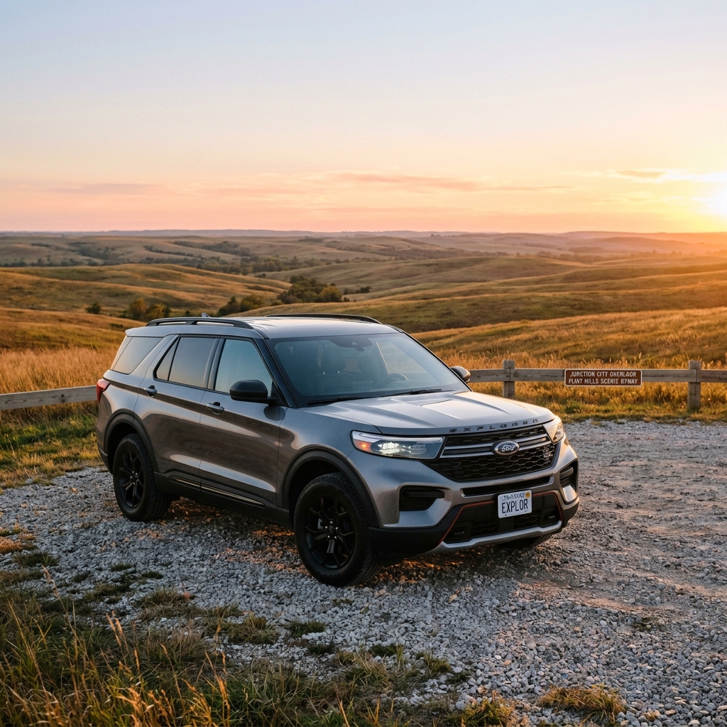Grey Ford Explorer SUV parked on a gravel scenic overlook in rolling hills at sunset. (Representative image for illustration purposes only. Actual vehicle may vary based on trim and configuration.)