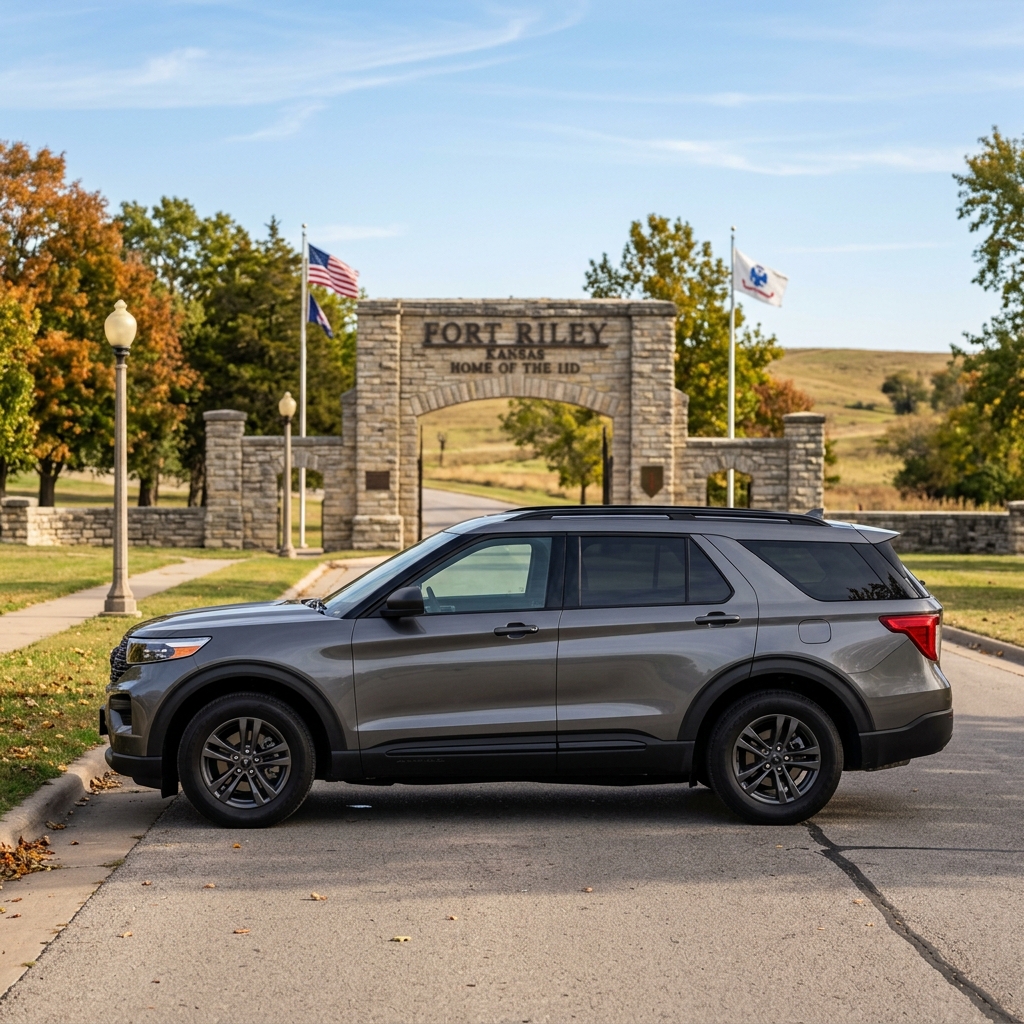 A gray Ford Explorer parked along a street in front of the stone entrance gate at Fort Riley, Kansas. (Representative image for illustration purposes only. Actual vehicle may vary based on trim and configuration.)