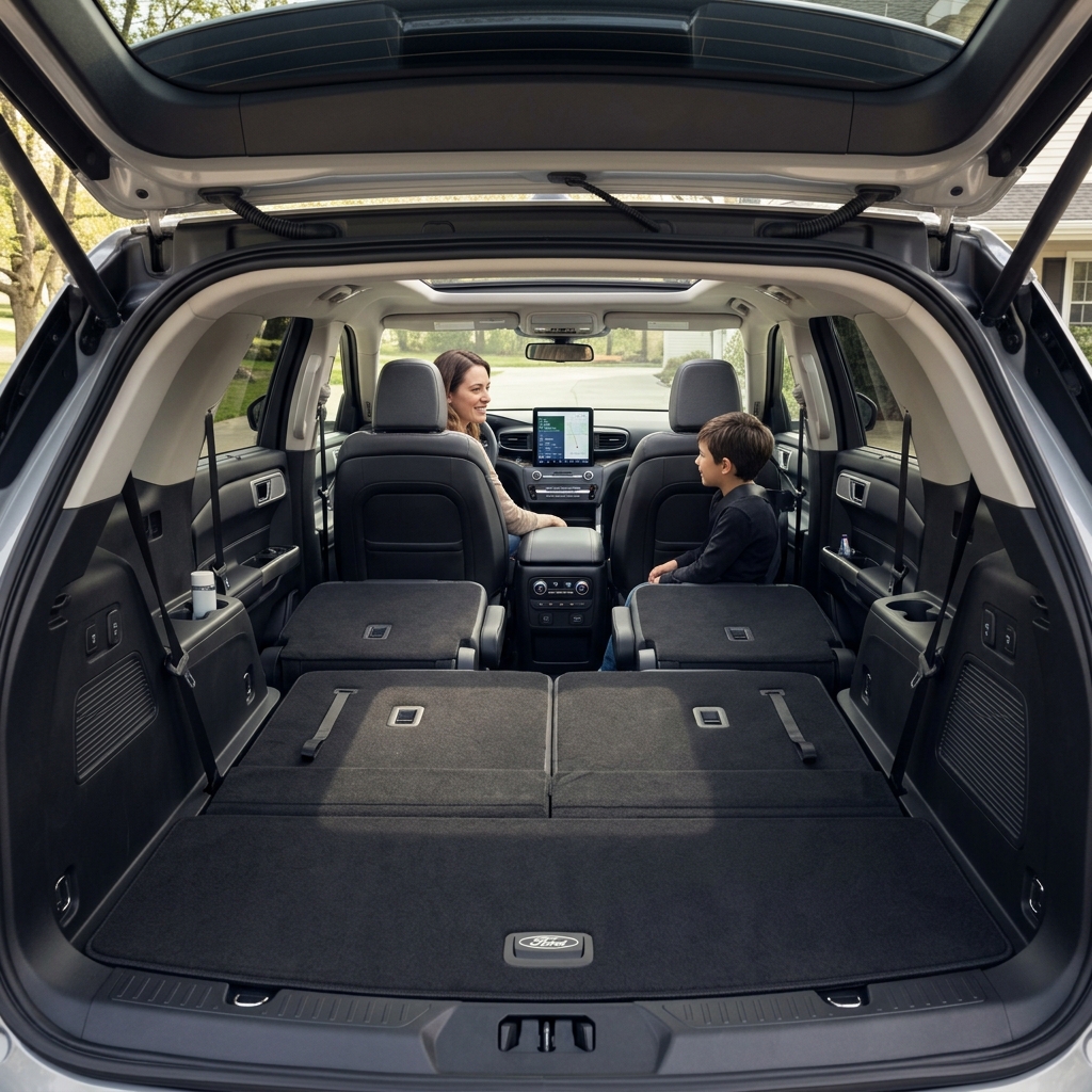 View from open trunk of Ford SUV showing spacious cargo area with folded seats, woman driving, and child in passenger seat. (Representative image for illustration purposes only. Actual vehicle may vary based on trim and configuration.)