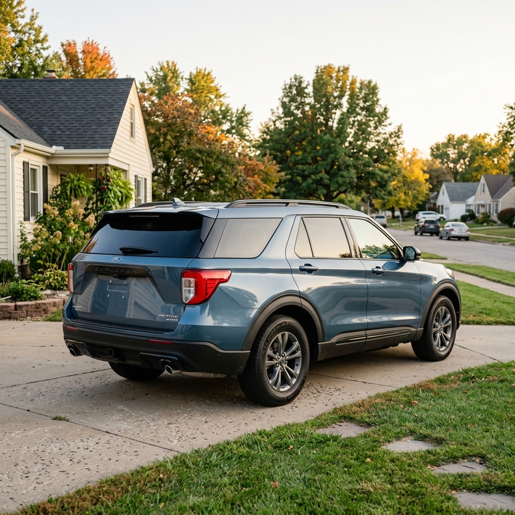 Rear view of a blue Ford Explorer SUV parked on a concrete driveway outside a white suburban house. (Representative image for illustration purposes only. Actual vehicle may vary based on trim and configuration.)