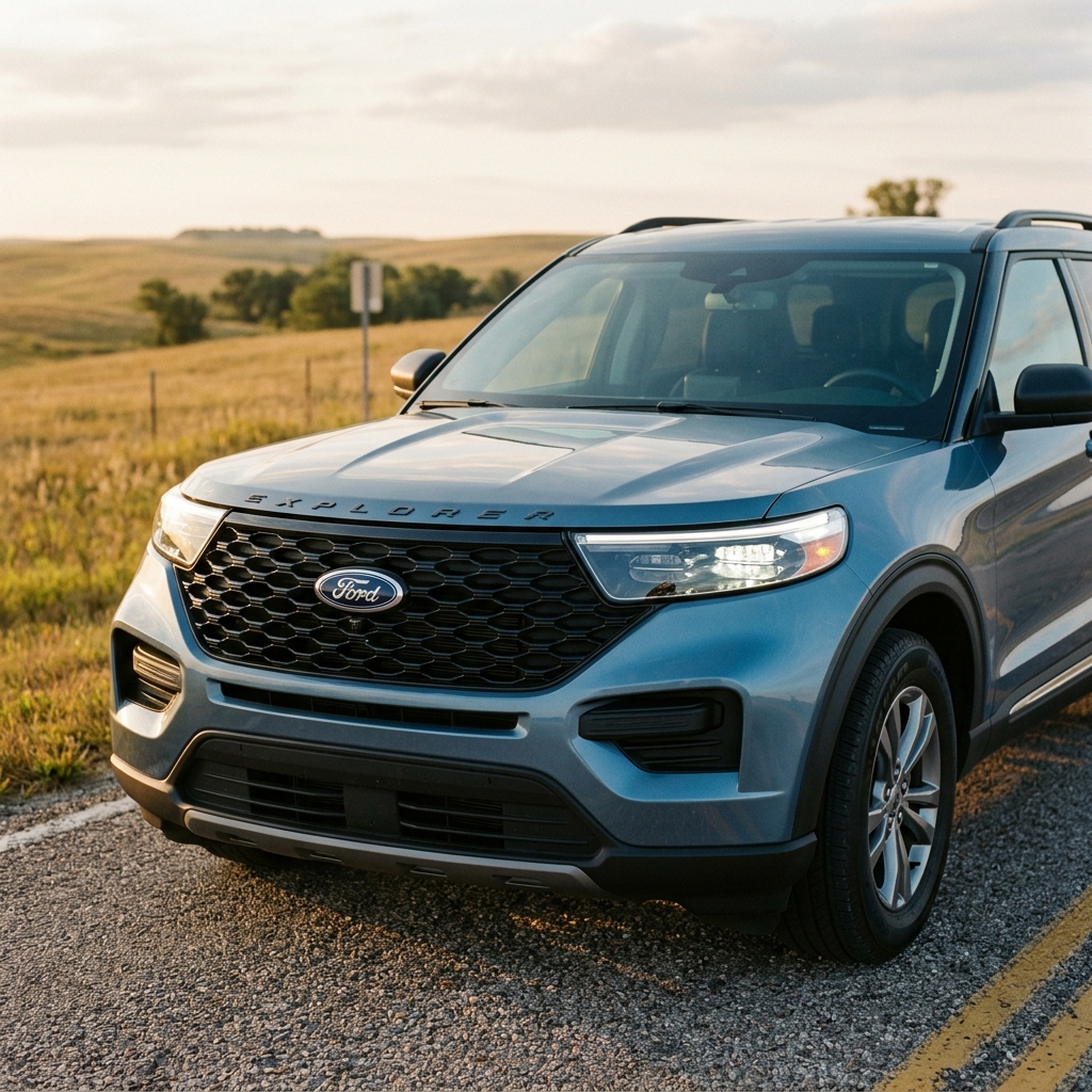 Front profile of a blue Ford Explorer SUV parked along a rural paved road at golden hour. (Representative image for illustration purposes only. Actual vehicle may vary based on trim and configuration.)