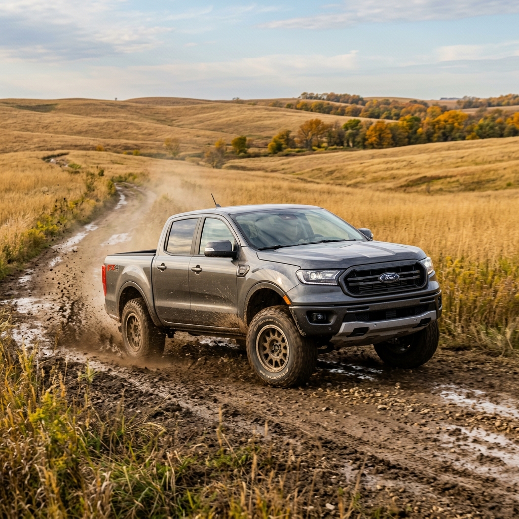 Grey Ford Ranger pickup truck navigating a muddy dirt road through golden rolling hills. (Representative image for illustration purposes only. Actual vehicle may vary based on trim and configuration.)