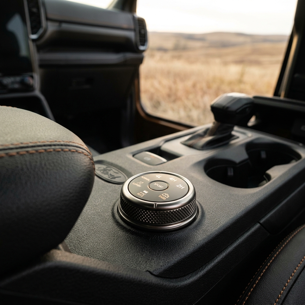 Rotary drive mode selector dial on a Ford truck's center console with off-road terrain options. (Representative image for illustration purposes only. Actual vehicle may vary based on trim and configuration.)