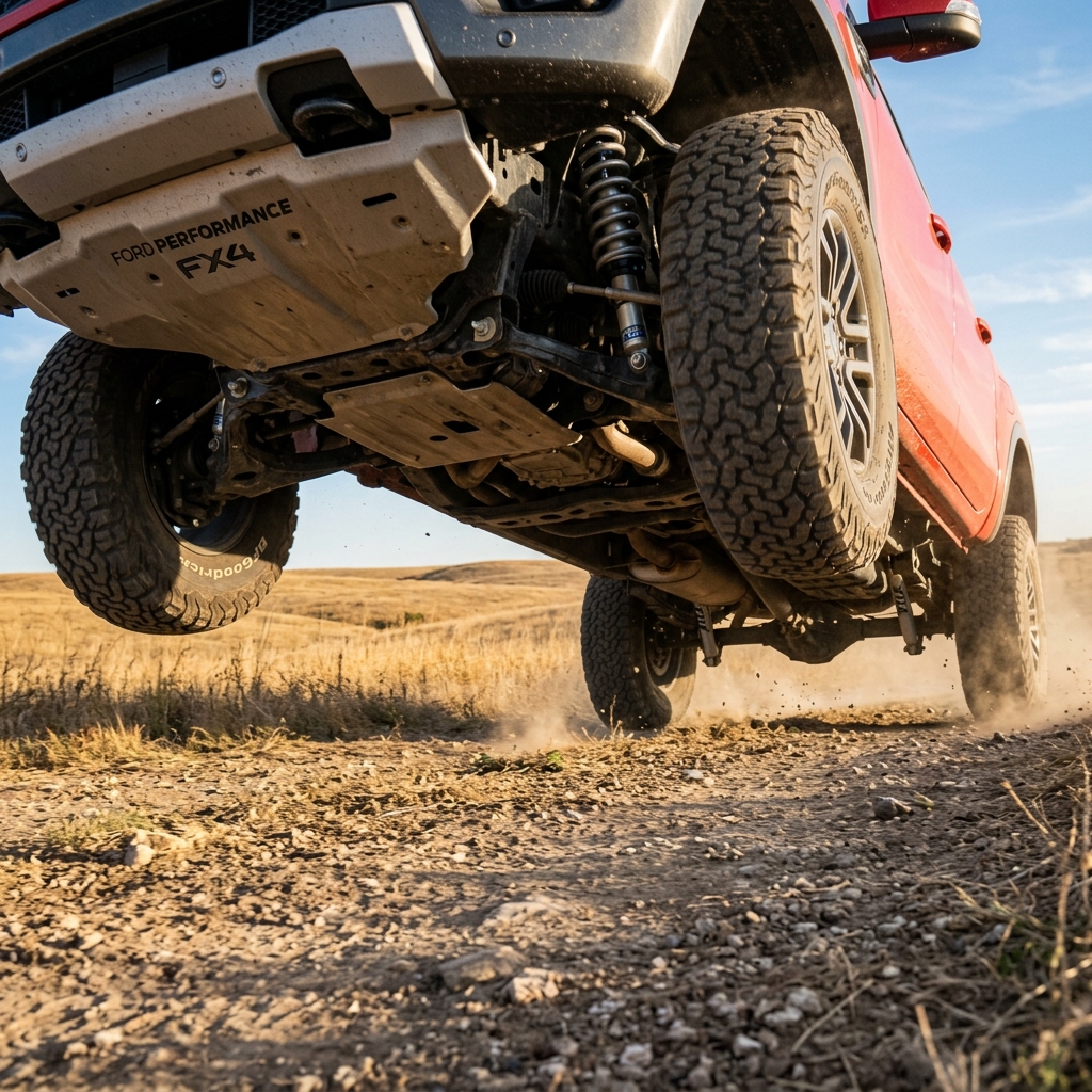 Low-angle view of a red Ford FX4 truck jumping over a rocky dirt trail with dust kicking up behind it. (Representative image for illustration purposes only. Actual vehicle may vary based on trim and configuration.)