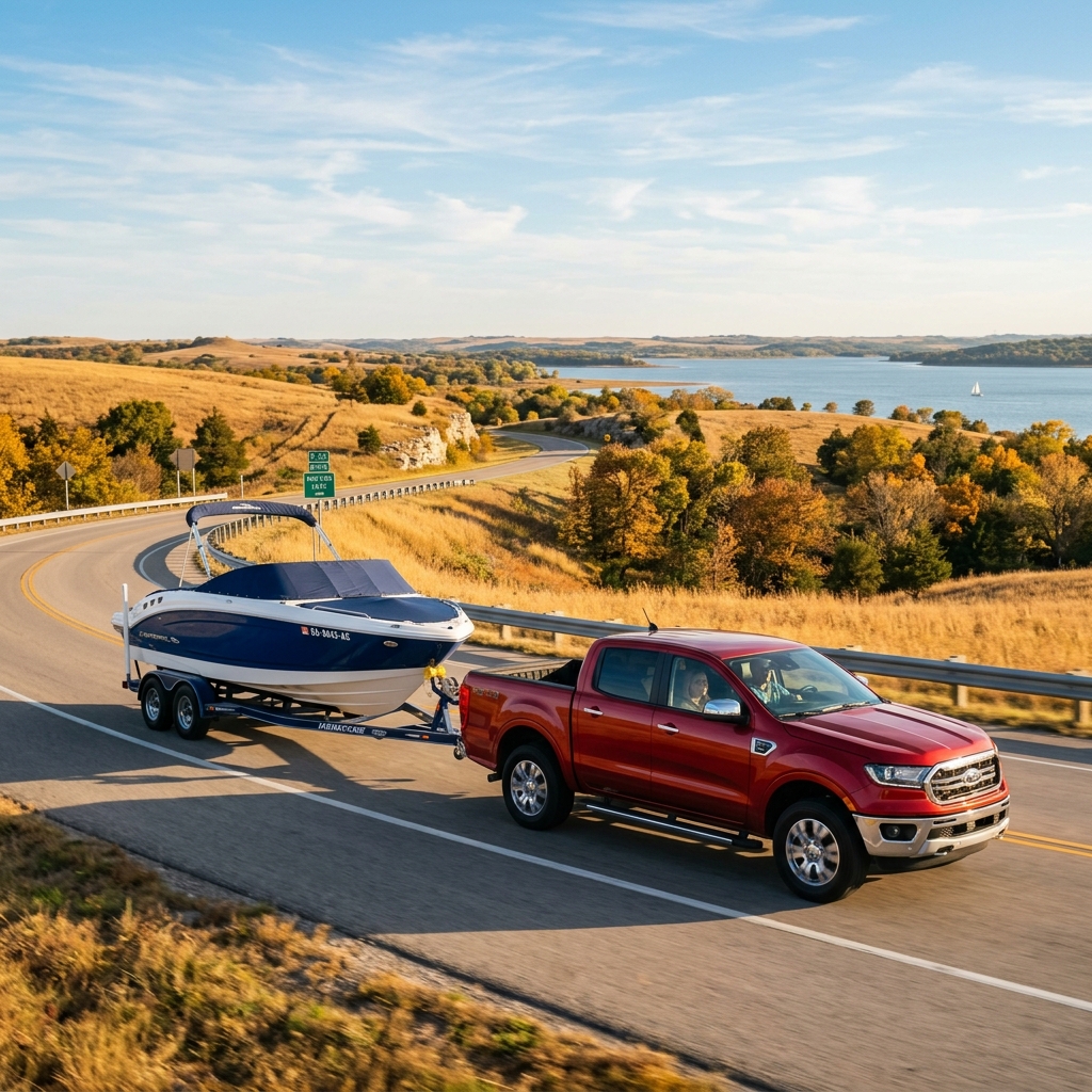 Red pickup truck towing a blue motorboat on a scenic winding road overlooking a lake. (Representative image for illustration purposes only. Actual vehicle may vary based on trim and configuration.)
