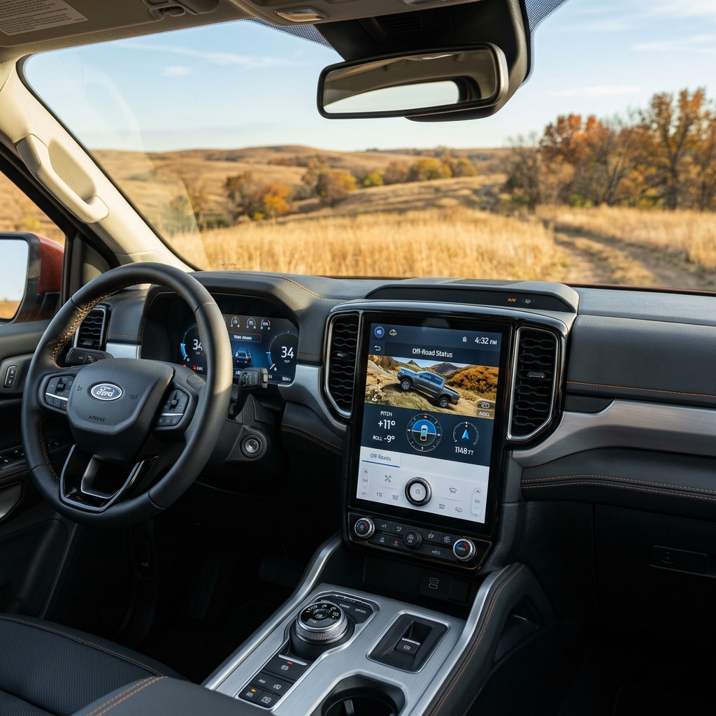 Interior view of a Ford truck dashboard featuring a large vertical touchscreen displaying off-road telemetry data. (Representative image for illustration purposes only. Actual vehicle may vary based on trim and configuration.)