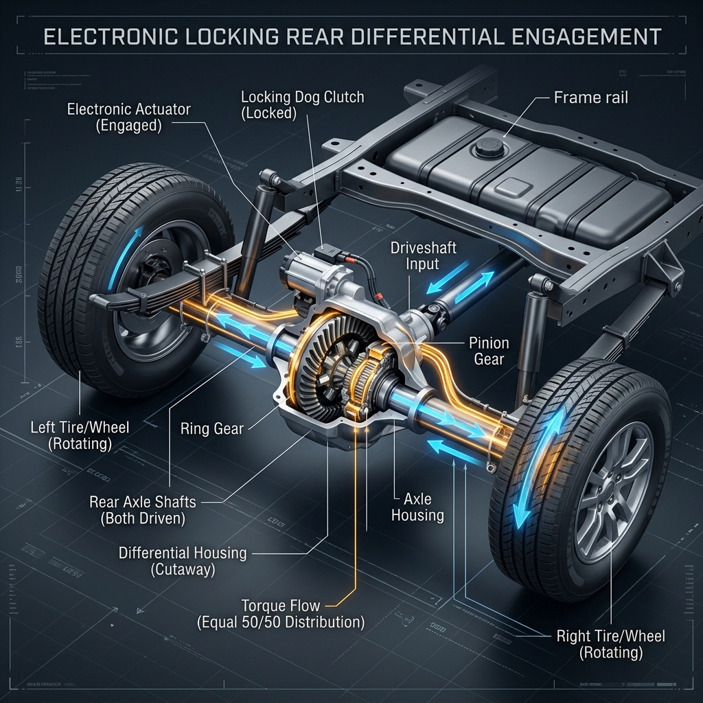 Technical 3D cutaway diagram showing an electronic locking rear differential engagement and torque flow to both wheels. (Representative image for illustration purposes only. Actual vehicle may vary based on trim and configuration.)