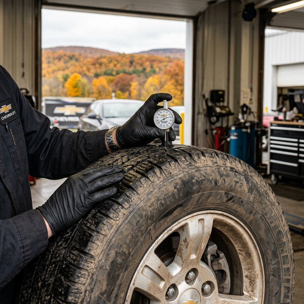 A mechanic wearing black gloves uses a dial gauge to check the tread depth of a truck tire in a Chevrolet service bay. (Representative image for illustration purposes only. Actual vehicle may vary based on trim and configuration.)