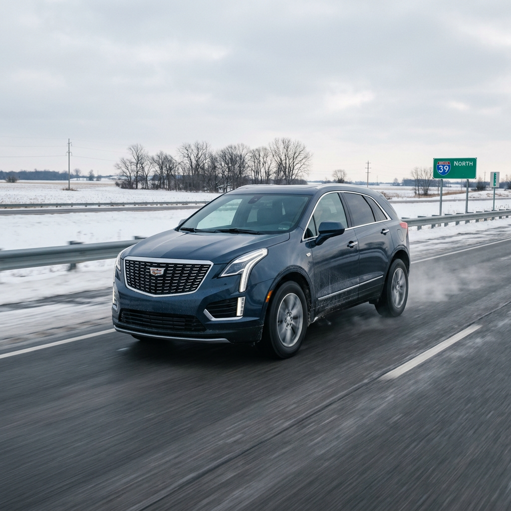 A dark blue Cadillac SUV driving along a highway next to snow-covered ground. (Representative image for illustration purposes only. Actual vehicle may vary based on trim and configuration.)