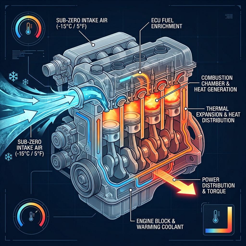 Cutaway illustration of an internal combustion engine showing cold intake air and internal heat distribution processes. (Representative image for illustration purposes only. Actual vehicle may vary based on trim and configuration.)