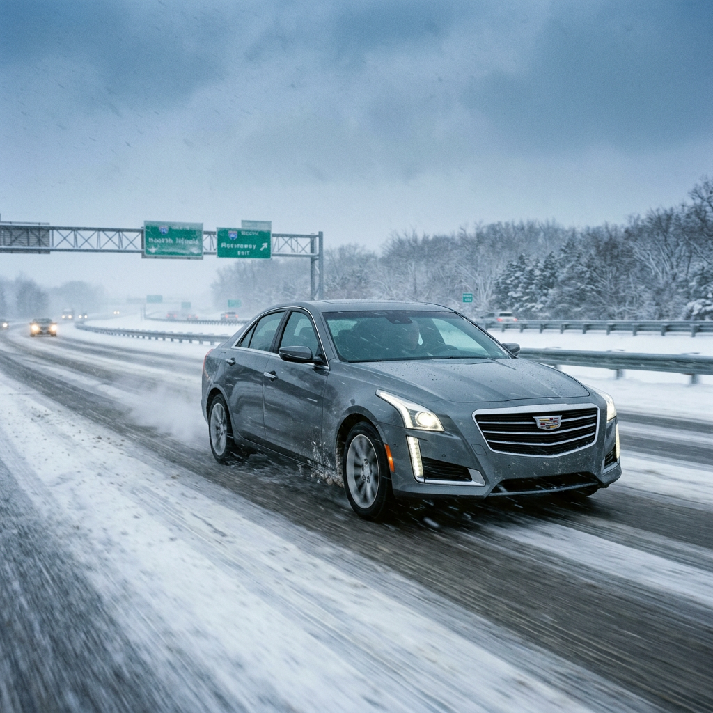 Grey Cadillac sedan driving along a slushy, snow-dusted highway during winter. (Representative image for illustration purposes only. Actual vehicle may vary based on trim and configuration.)