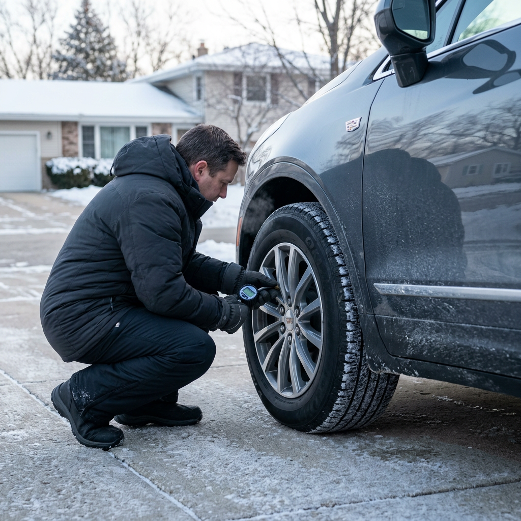 A man in a winter jacket crouches by an SUV to check tire pressure with a digital gauge on a snowy driveway. (Representative image for illustration purposes only. Actual vehicle may vary based on trim and configuration.)