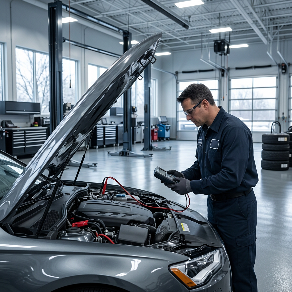 Auto mechanic using a handheld diagnostic tool connected to a car engine in a modern repair shop. (Representative image for illustration purposes only. Actual vehicle may vary based on trim and configuration.)