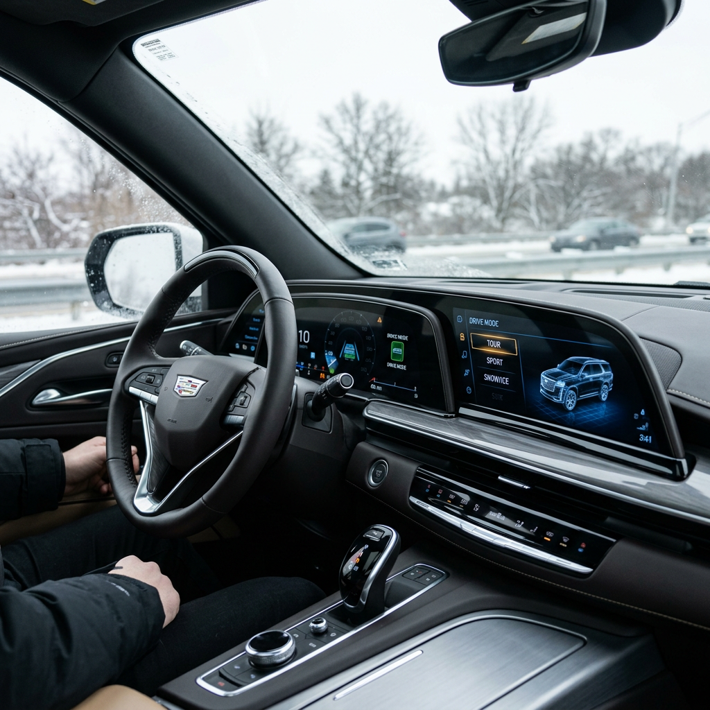Driver's view inside a modern Cadillac cockpit featuring curved digital screens on a snowy highway. (Representative image for illustration purposes only. Actual vehicle may vary based on trim and configuration.)