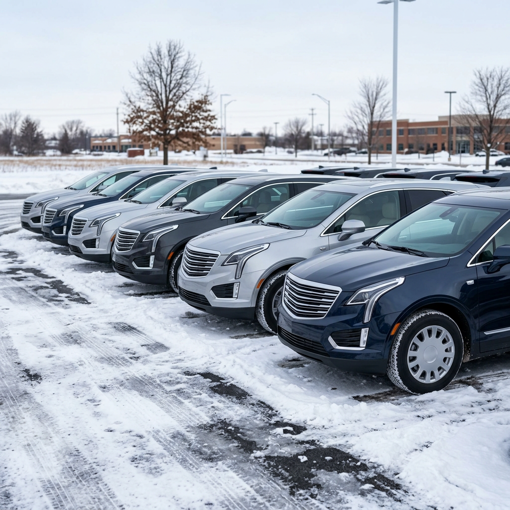A row of luxury Cadillac SUVs parked in a snow-covered car dealership parking lot during winter. (Representative image for illustration purposes only. Actual vehicle may vary based on trim and configuration.)