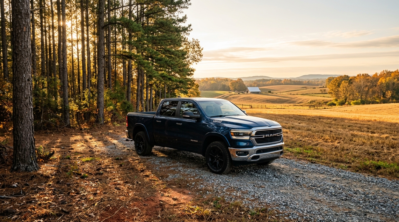 Dark blue RAM pickup truck parked on a gravel path next to a forest, overlooking golden farmland at sunset. (Representative image for illustration purposes only. Actual vehicle may vary based on trim and configuration.)