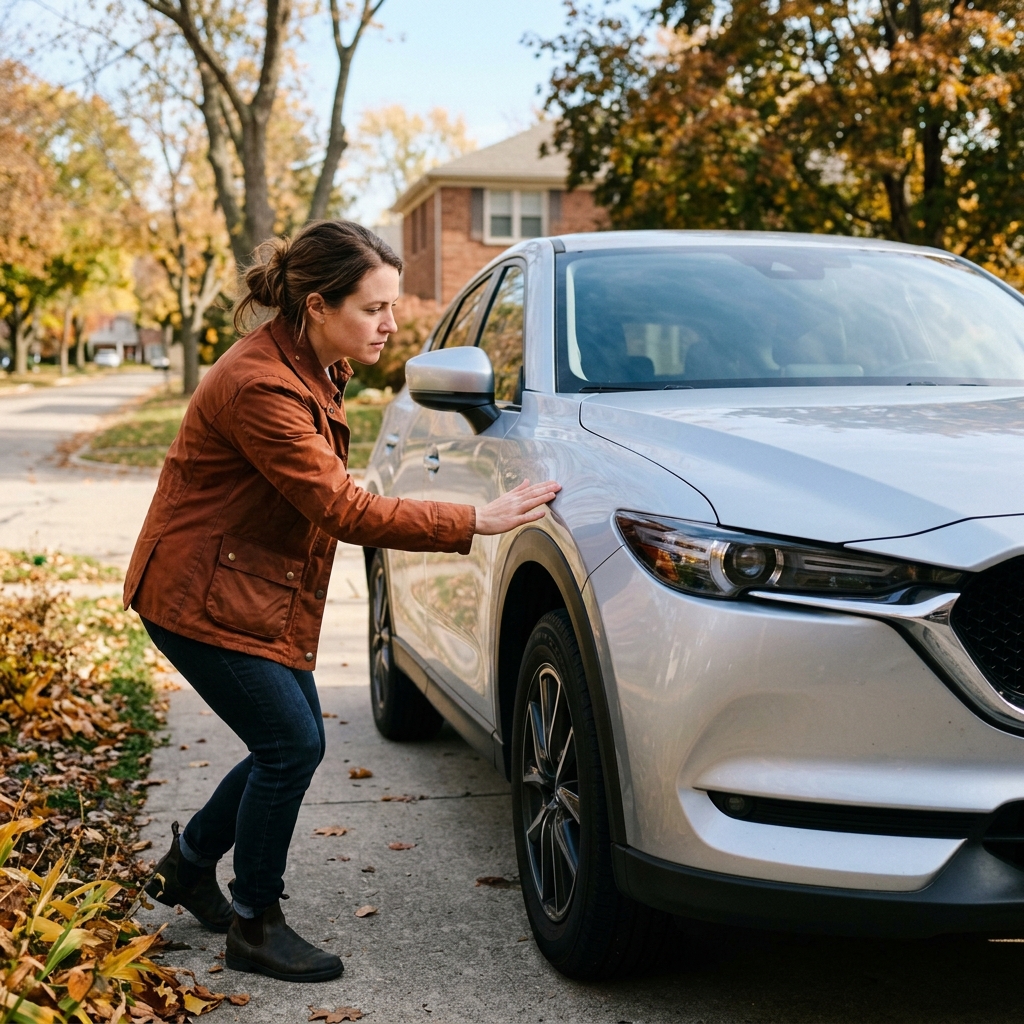 A woman in a brown jacket inspects the front fender of a silver SUV parked on a suburban driveway. (Representative image for illustration purposes only. Actual vehicle may vary based on trim and configuration.)