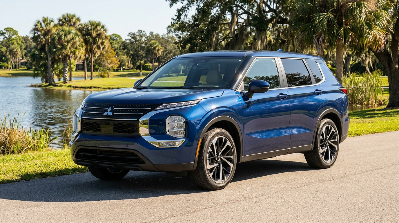Blue Mitsubishi Outlander SUV parked on a paved path beside a scenic lake with palm trees. (Representative image for illustration purposes only. Actual vehicle may vary based on trim and configuration.)