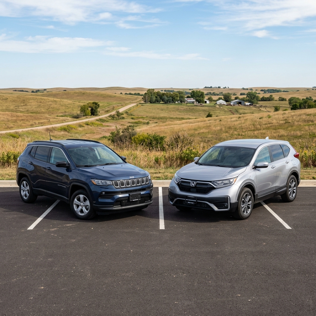 Dark blue Jeep Compass and silver Honda CR-V parked side-by-side in a lot with rolling green hills behind them. (Representative image for illustration purposes only. Actual vehicle may vary based on trim and configuration.)