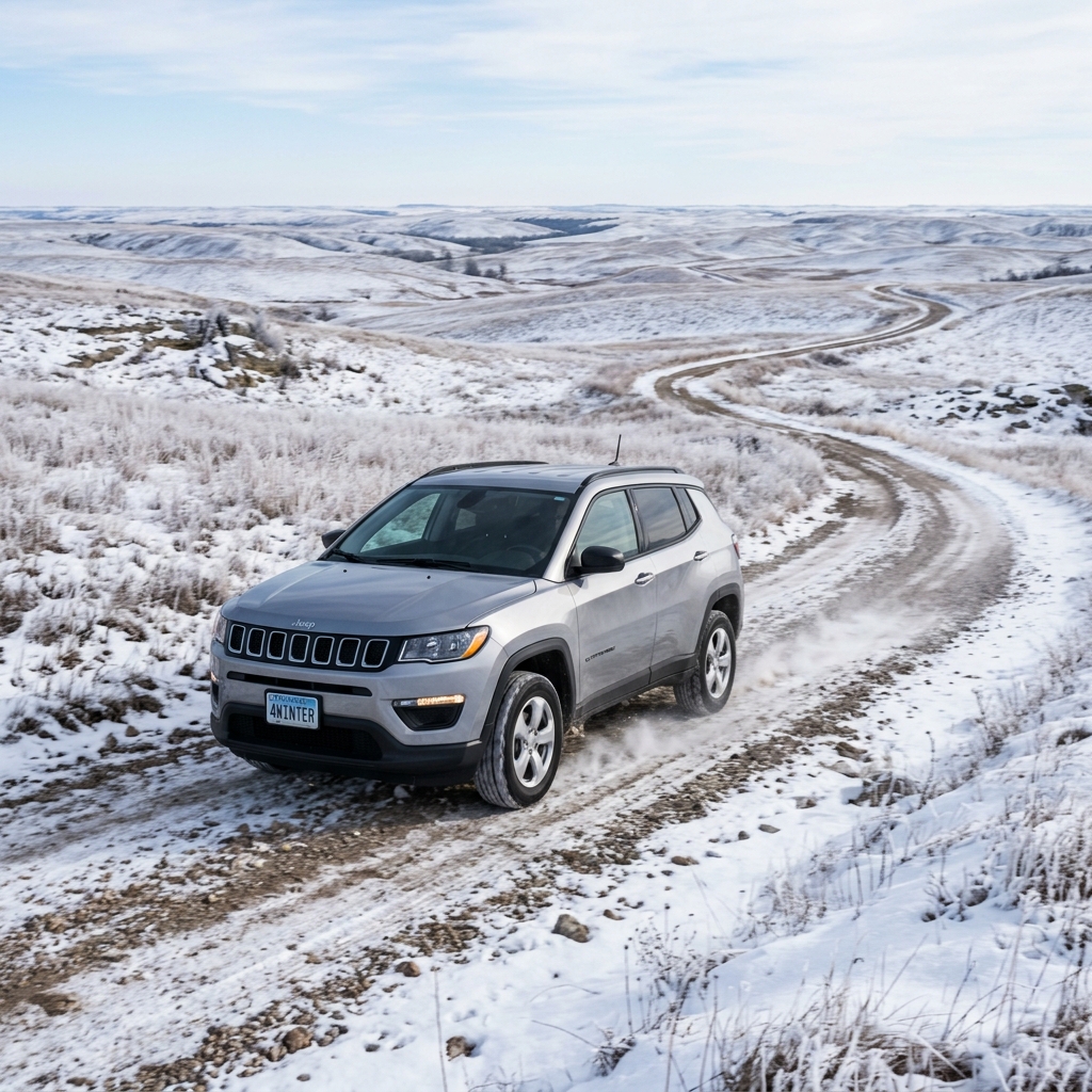 A silver Jeep Compass driving on a winding, snowy dirt road through rolling winter hills. (Representative image for illustration purposes only. Actual vehicle may vary based on trim and configuration.)