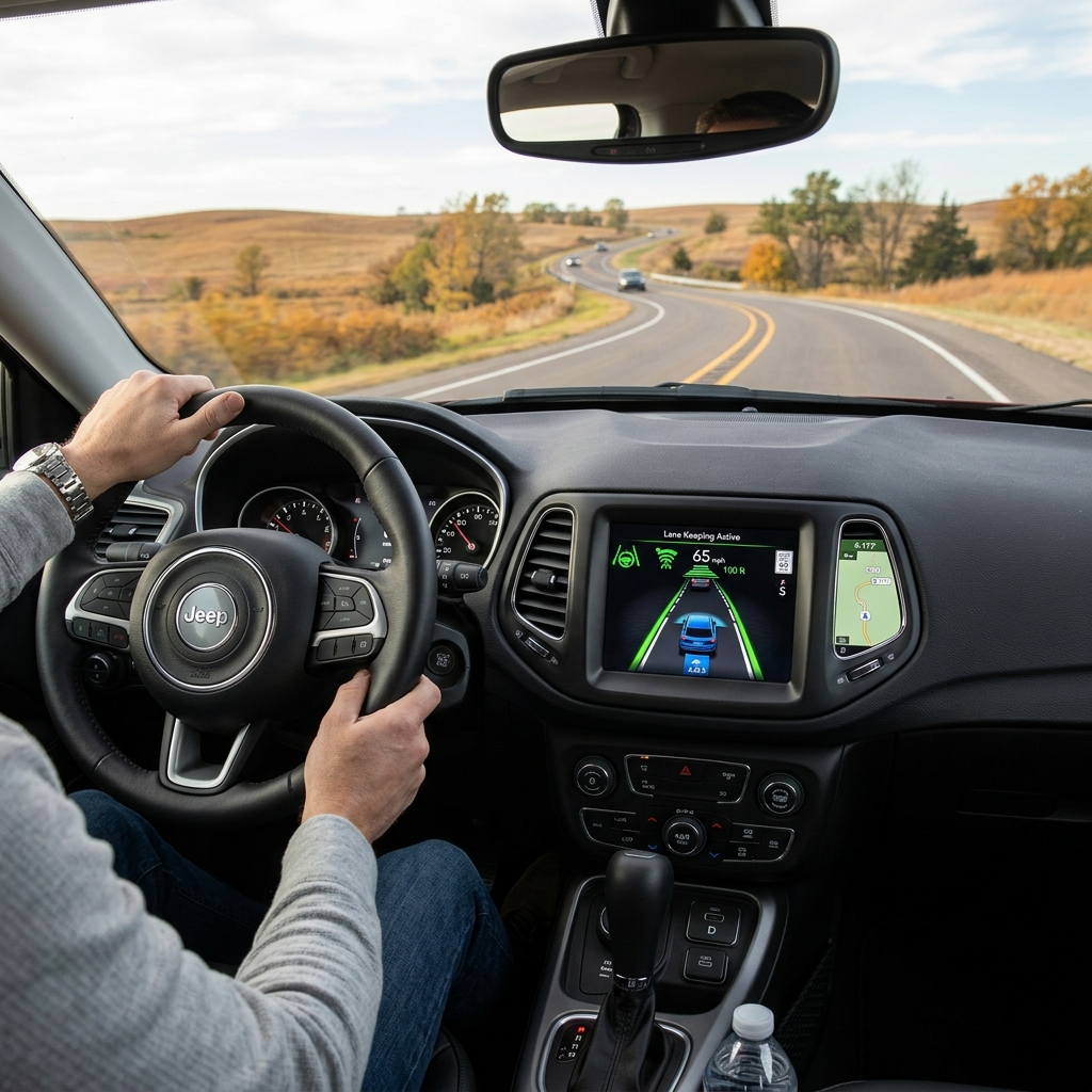 View from the driver's seat of a Jeep cruising along a winding rural highway with active lane-keeping assistance on screen. (Representative image for illustration purposes only. Actual vehicle may vary based on trim and configuration.)