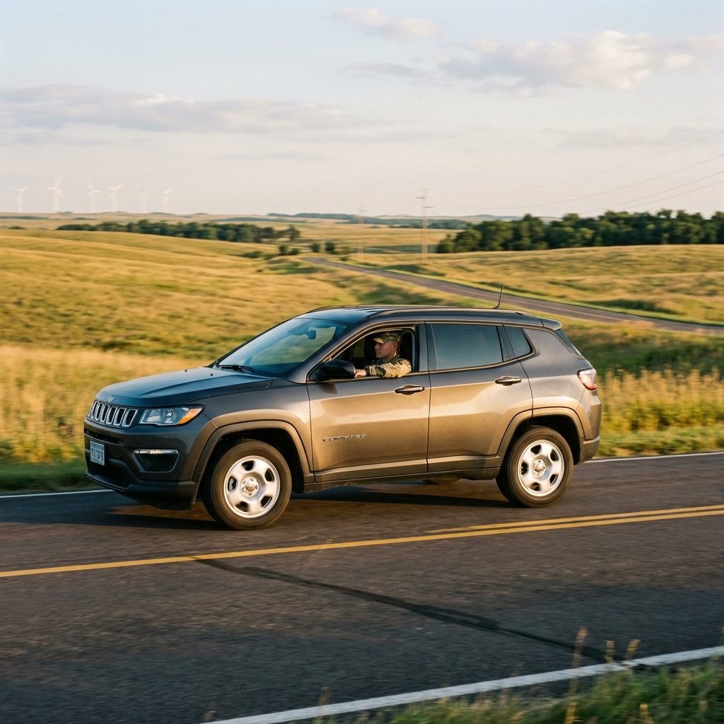A person in military uniform driving a gray Jeep SUV along a paved road through rolling grassy hills. (Representative image for illustration purposes only. Actual vehicle may vary based on trim and configuration.)