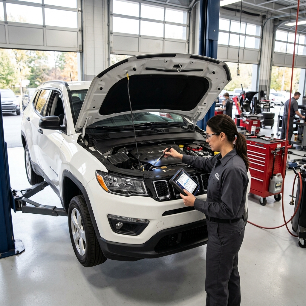 Female mechanic using a digital diagnostic tablet and inspection light on an engine of a white SUV on a lift. (Representative image for illustration purposes only. Actual vehicle may vary based on trim and configuration.)