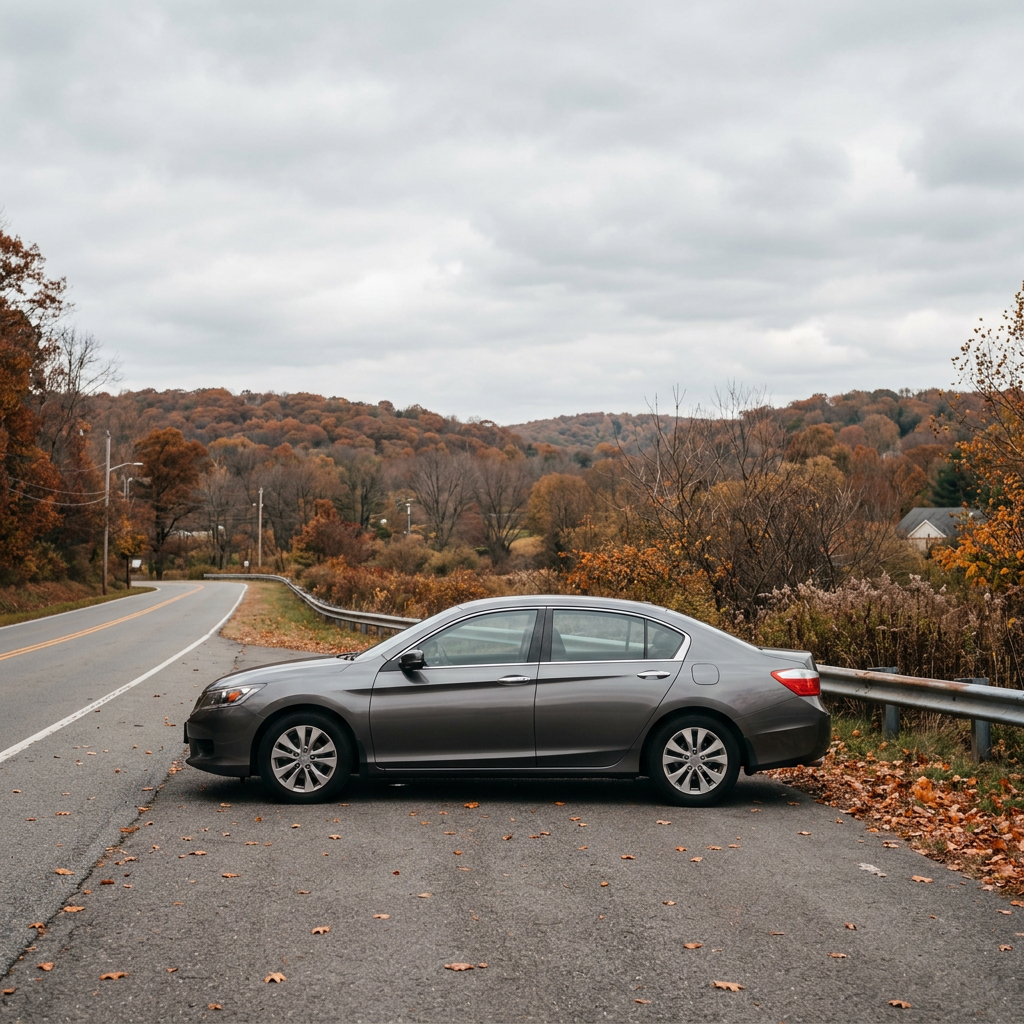 A gray sedan parked on the shoulder of a winding asphalt road during autumn with colorful hills in the background. (Representative image for illustration purposes only. Actual vehicle may vary based on trim and configuration.)
