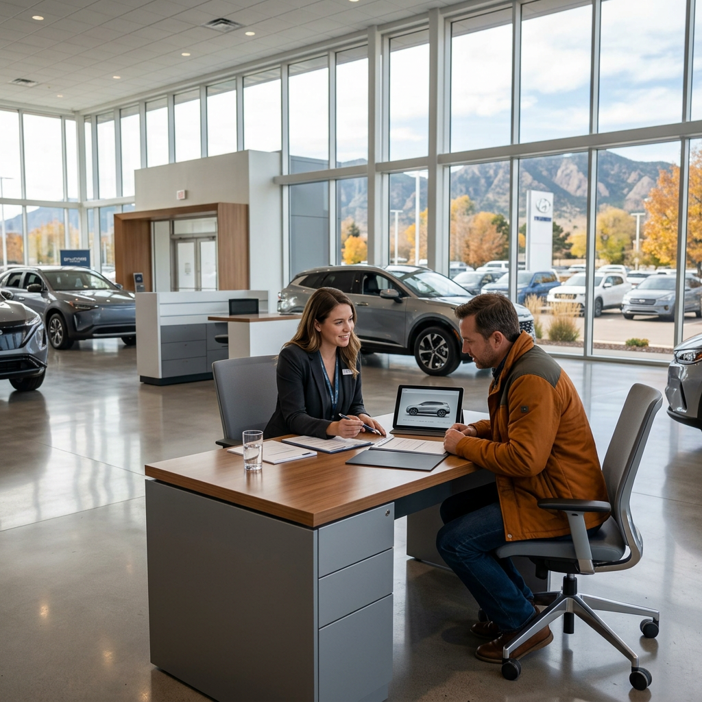 A female car salesperson pointing at paperwork on a desk while speaking to a male customer in a modern dealership showroom. (Representative image for illustration purposes only. Actual vehicle may vary based on trim and configuration.)