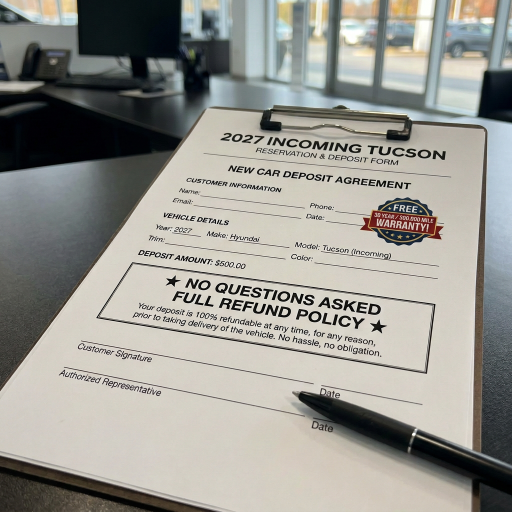 A reservation deposit form for a 2027 Hyundai Tucson sitting on a clipboard at a car dealership desk with a pen. (Representative image for illustration purposes only. Actual vehicle may vary based on trim and configuration.)