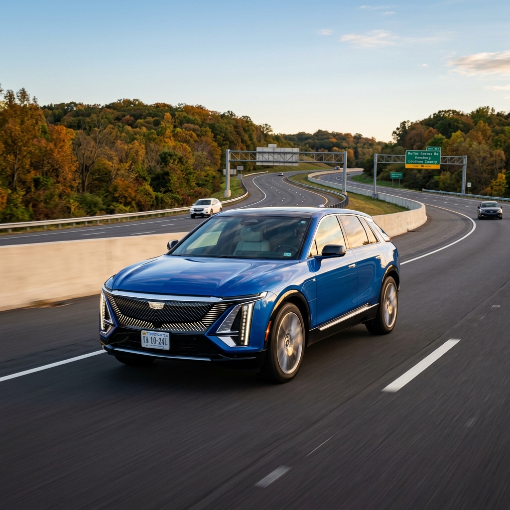 A blue Cadillac Lyriq electric SUV driving along a curving highway framed by autumn trees. (Representative image for illustration purposes only. Actual vehicle may vary based on trim and configuration.)