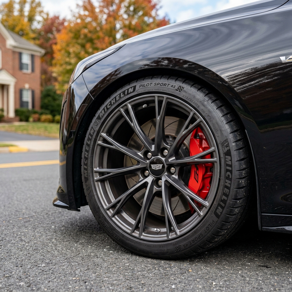 Close-up of a black Cadillac's front wheel featuring dark grey rims, red brake calipers, and a Michelin tire. (Representative image for illustration purposes only. Actual vehicle may vary based on trim and configuration.)