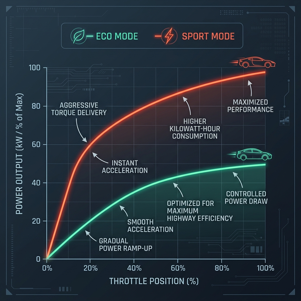Line graph comparing vehicle power output percentage versus throttle position between Eco Mode and Sport Mode. (Representative image for illustration purposes only. Actual vehicle may vary based on trim and configuration.)