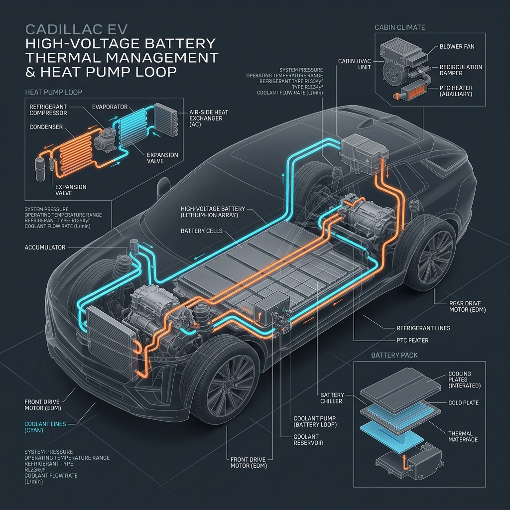 Technical diagram illustrating the thermal management and heat pump loop system in a Cadillac electric vehicle. (Representative image for illustration purposes only. Actual vehicle may vary based on trim and configuration.)