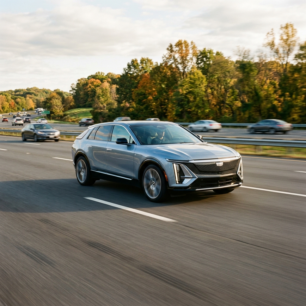 Silver Cadillac Lyriq electric SUV driving along a highway lined with autumn trees. (Representative image for illustration purposes only. Actual vehicle may vary based on trim and configuration.)