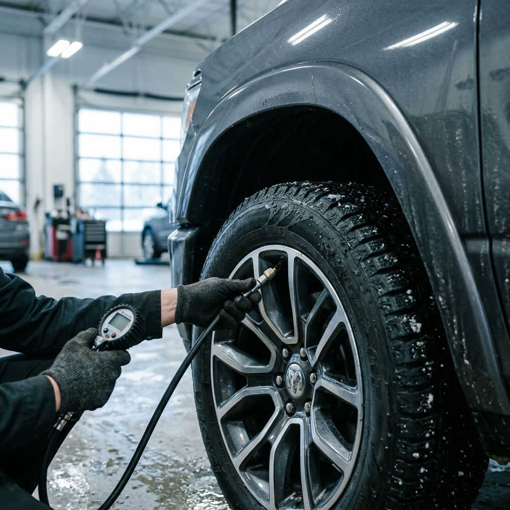 Technician using a pressure gauge to inflate a pickup truck's winter tire inside a garage. (Representative image for illustration purposes only. Actual vehicle may vary based on trim and configuration.)