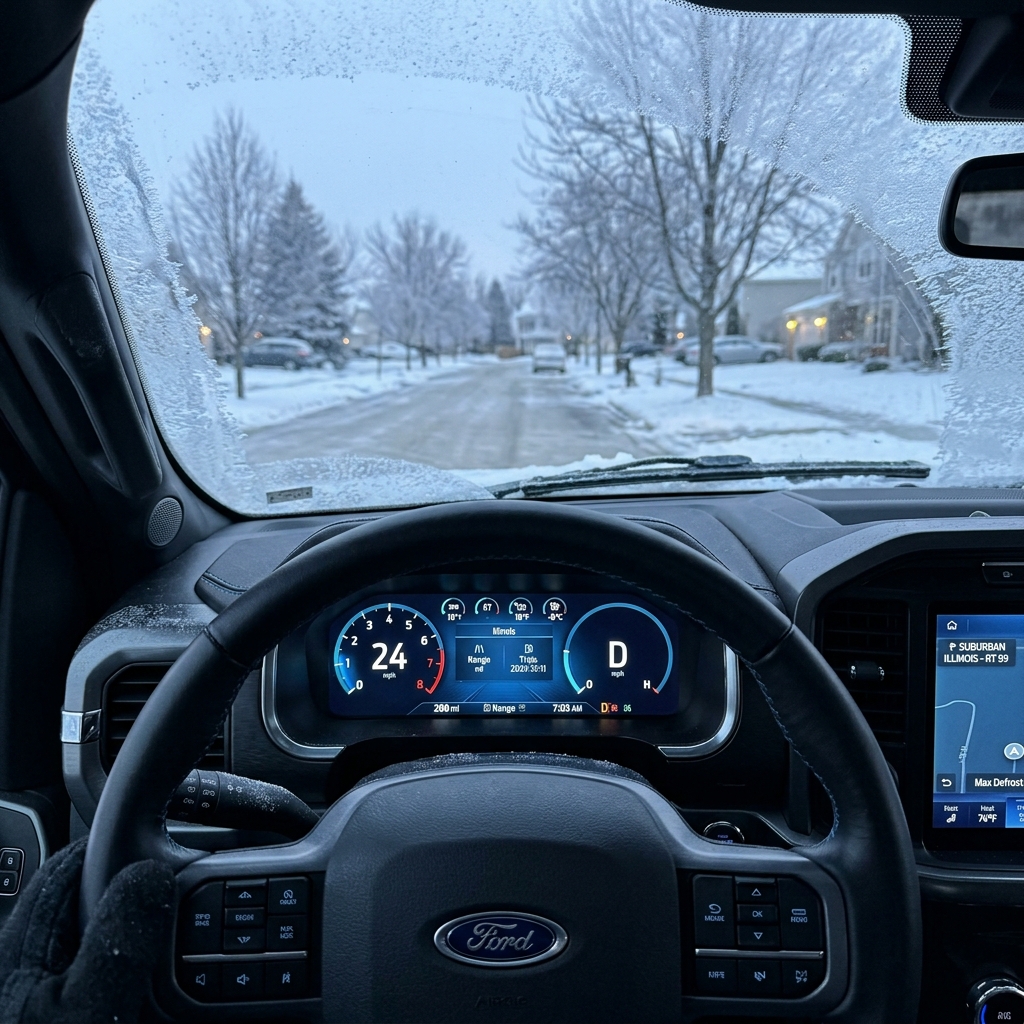 Point-of-view shot from inside a Ford truck driving down a frost-covered residential street on a snowy winter morning. (Representative image for illustration purposes only. Actual vehicle may vary based on trim and configuration.)