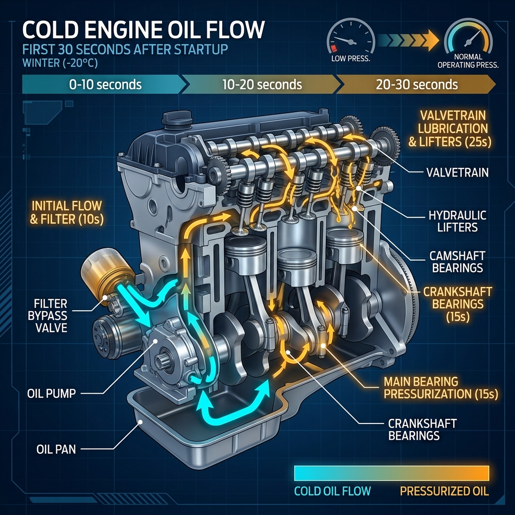 Diagram showing cold engine oil flow path and timeline during the first 30 seconds after a winter cold start. (Representative image for illustration purposes only. Actual vehicle may vary based on trim and configuration.)
