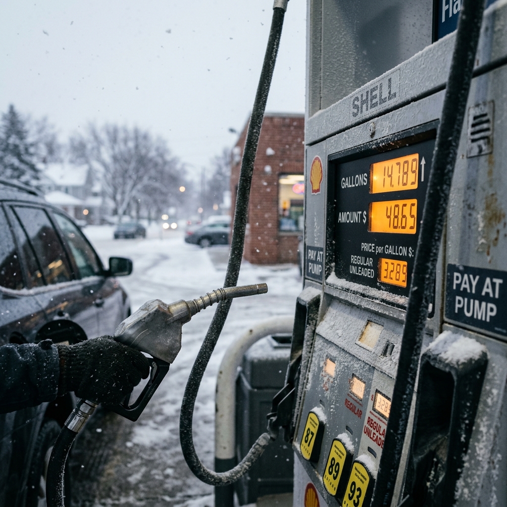 A gloved hand holds a fuel nozzle at a snow-covered gas pump during a winter storm. (Representative image for illustration purposes only. Actual vehicle may vary based on trim and configuration.)