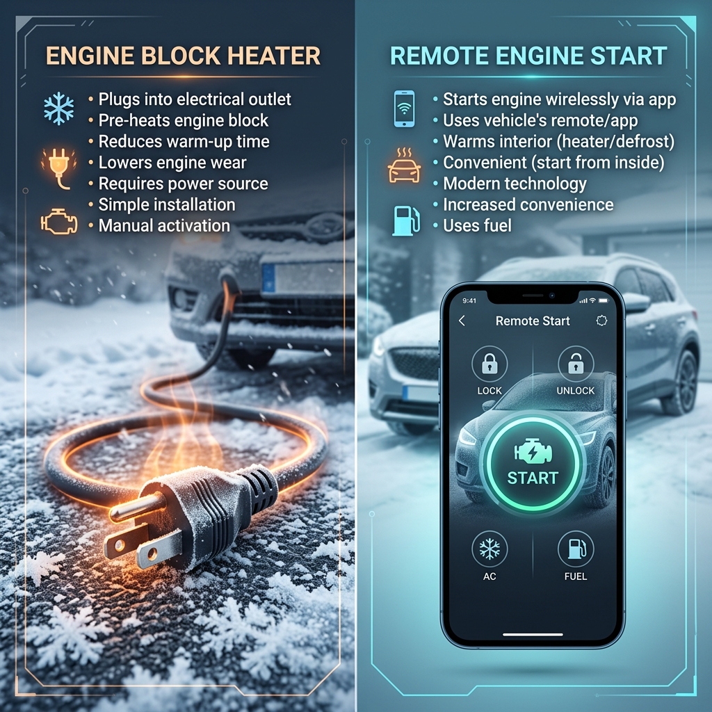 Infographic comparing features of an engine block heater versus a remote engine start system for cold weather driving. (Representative image for illustration purposes only. Actual vehicle may vary based on trim and configuration.)