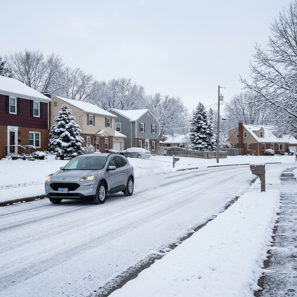A silver SUV drives along an icy, snow-covered suburban street lined with houses and evergreen trees. (Representative image for illustration purposes only. Actual vehicle may vary based on trim and configuration.)