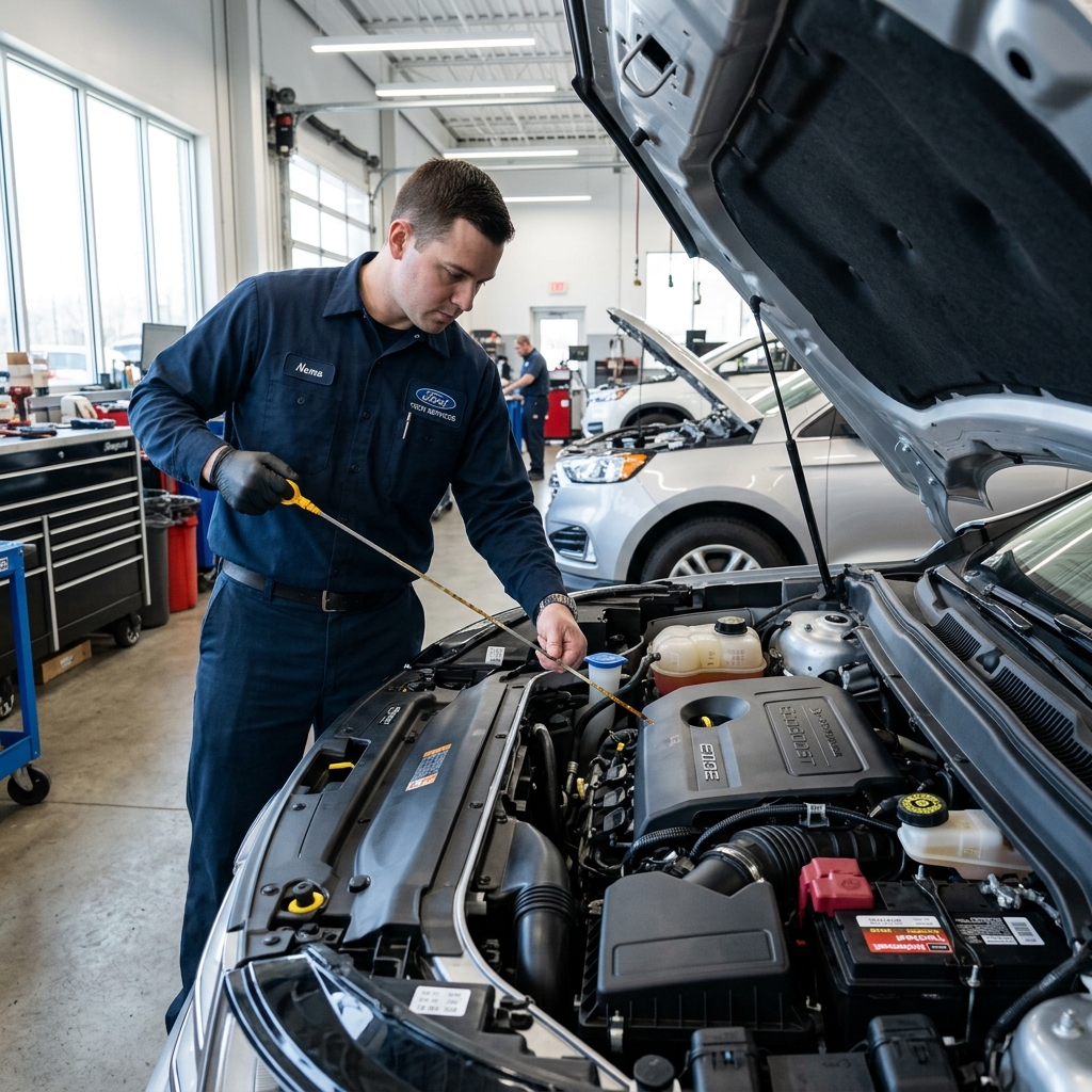 Mechanic in a blue Ford uniform pulling a dipstick to check engine oil level under the open hood of a car. (Representative image for illustration purposes only. Actual vehicle may vary based on trim and configuration.)