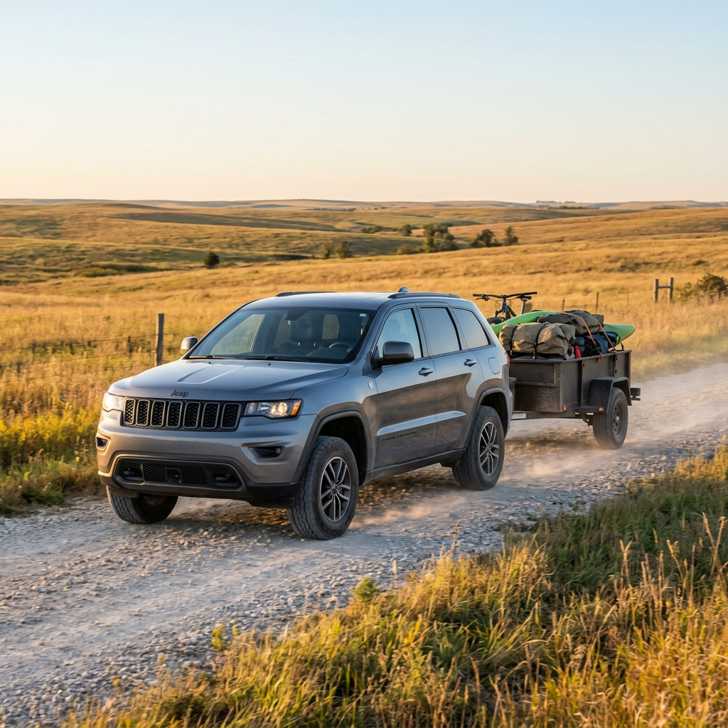 Grey Jeep Grand Cherokee towing a gear-loaded trailer down a rural gravel road. (Representative image for illustration purposes only. Actual vehicle may vary based on trim and configuration.)