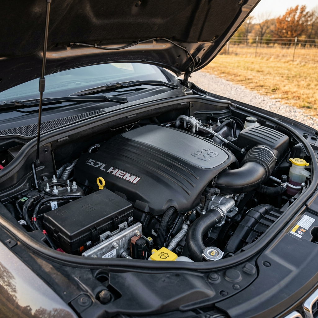 Detailed close-up view of a 5.7-liter HEMI V8 engine inside an open vehicle engine bay. (Representative image for illustration purposes only. Actual vehicle may vary based on trim and configuration.)