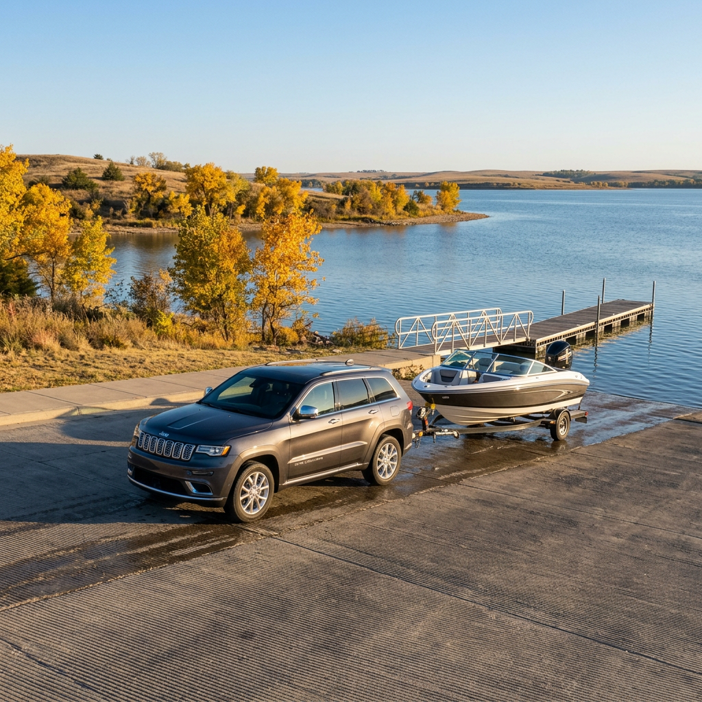 A grey SUV towing a motorboat on a trailer up a concrete boat ramp next to a scenic lake with fall trees. (Representative image for illustration purposes only. Actual vehicle may vary based on trim and configuration.)