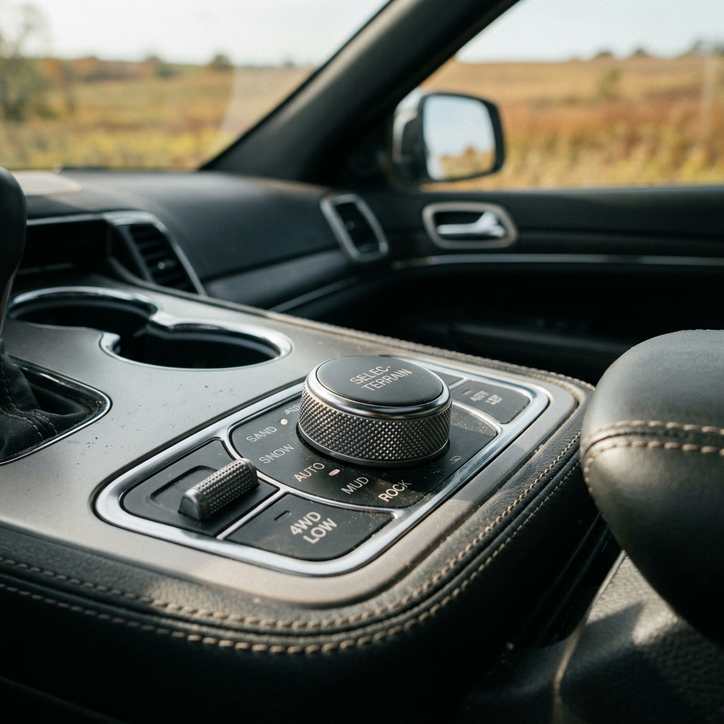 Close-up of a Jeep Selec-Terrain mode control dial on the center console with options for Snow, Sand, Mud, and Rock. (Representative image for illustration purposes only. Actual vehicle may vary based on trim and configuration.)