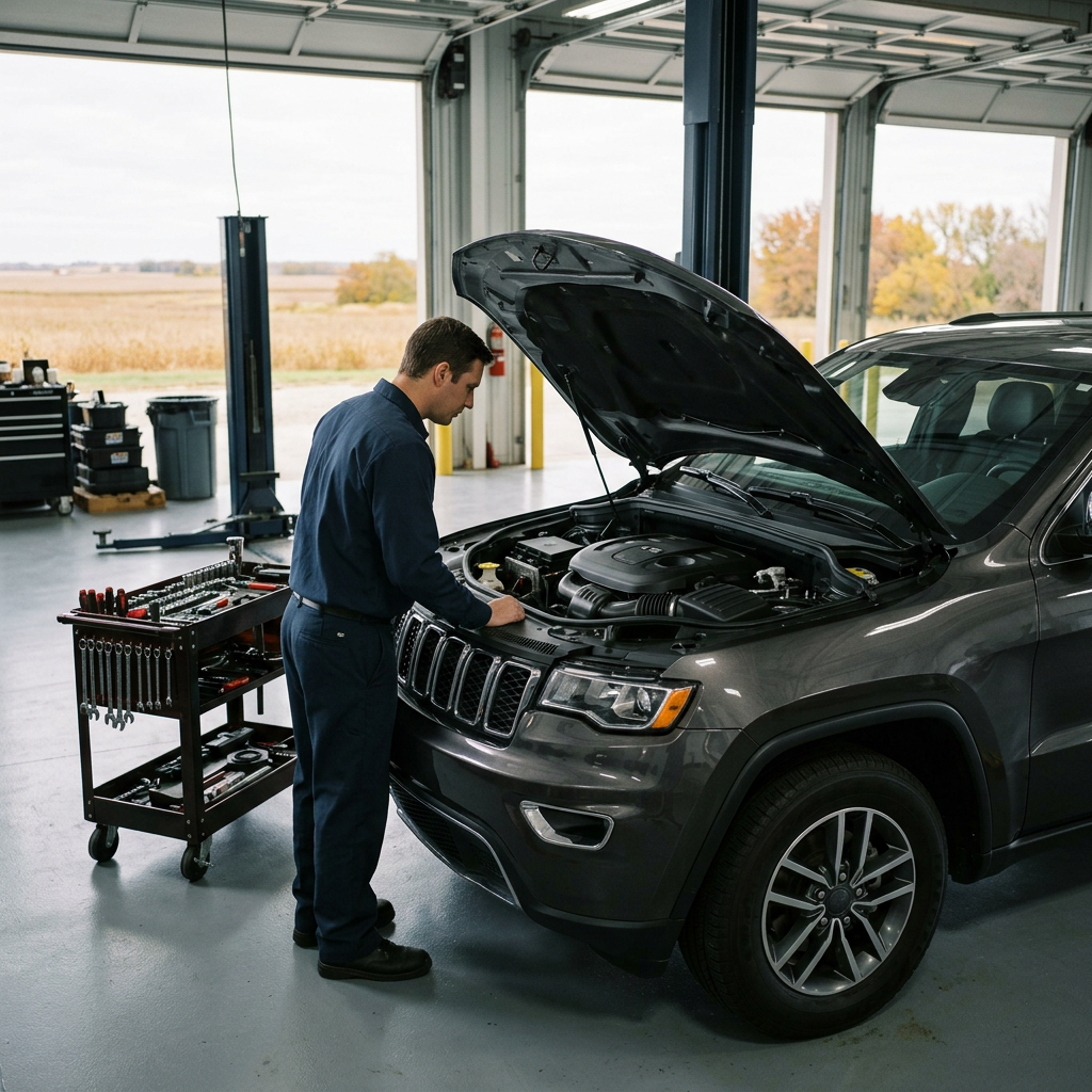 A mechanic in a blue uniform inspects the open engine bay of a dark grey SUV in an auto repair shop. (Representative image for illustration purposes only. Actual vehicle may vary based on trim and configuration.)